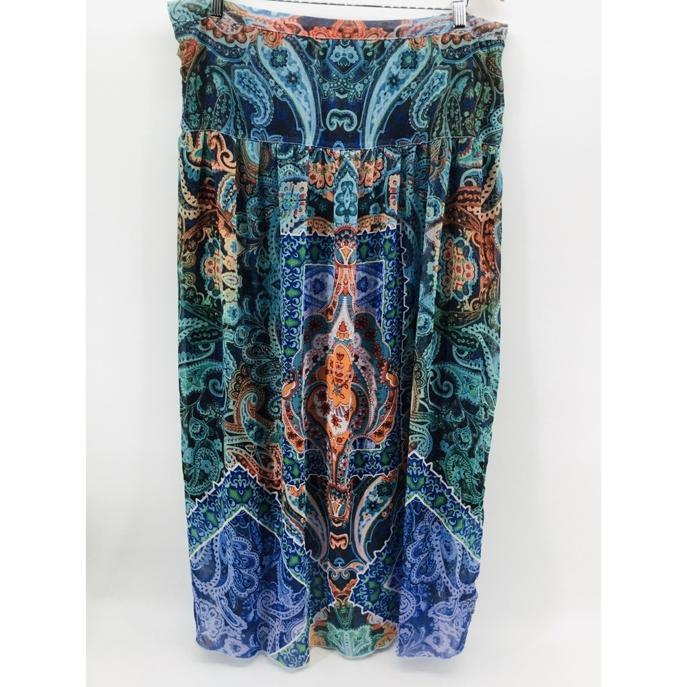 Boho Paisley Midi Skirt Blue Teal Festival Coastal Resort Vacay Indie Artsy EE43